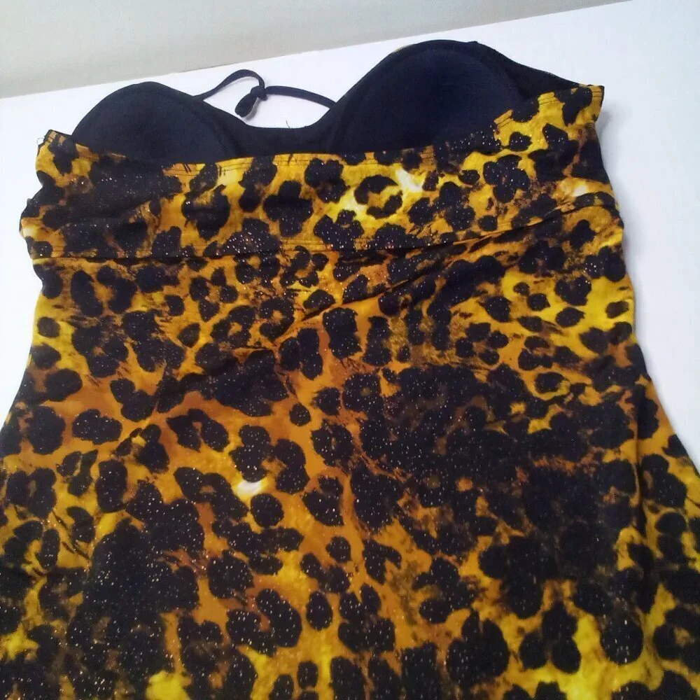 Jaclyn Smith Tankini Top Women 18 Swim Halter Padded Cup Animal Print Black Gold